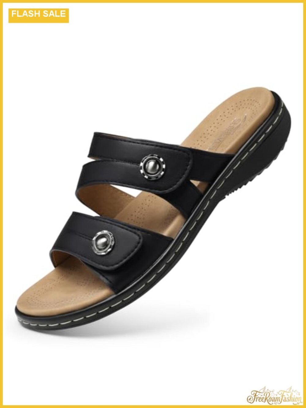 PU Leather Slide Sandals with Arch Support Adjustable Strap Open Toe